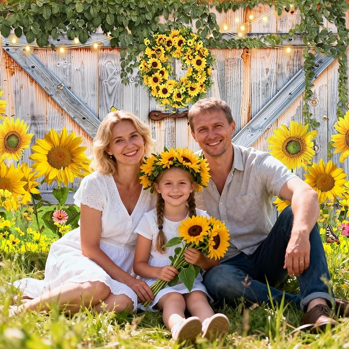 Sunflower Photo Backdrop for Photography, 10x8ft | Vinyl Wall Background for Photoshoot, Yellow Flower, Rustic Barn Wood Door, for Birthday Decorations, Outdoor Party - Image 3