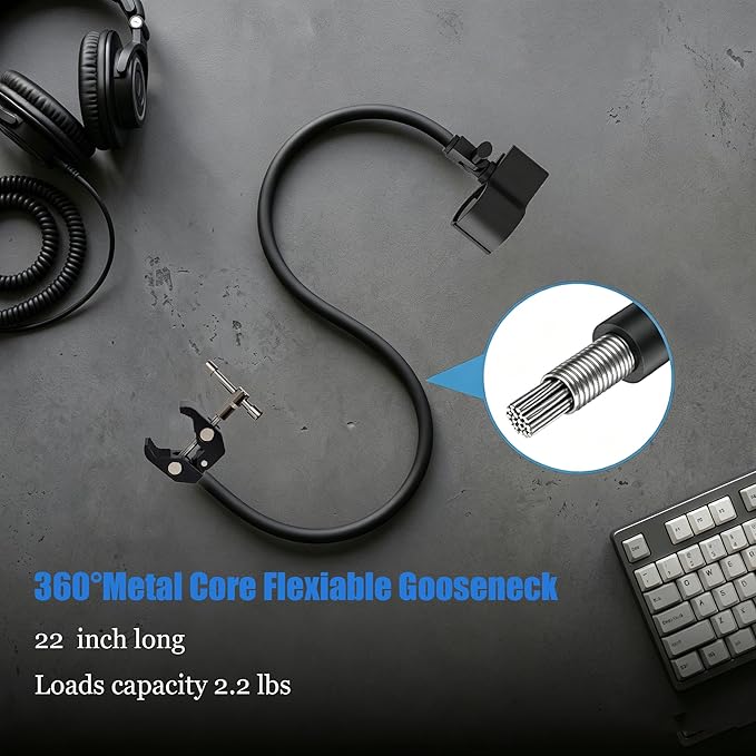 Kereal Microphone Stand Arm Gooseneck 22” Extender Mic Clip With 1/4" to 3/8" Adapter Mount & Metal Crab Clamp,Mic Holder For Podium,Kick Drum,Compatible with Fifine,Shure,Blue,Snowball,AT2020,Razer - Image 2