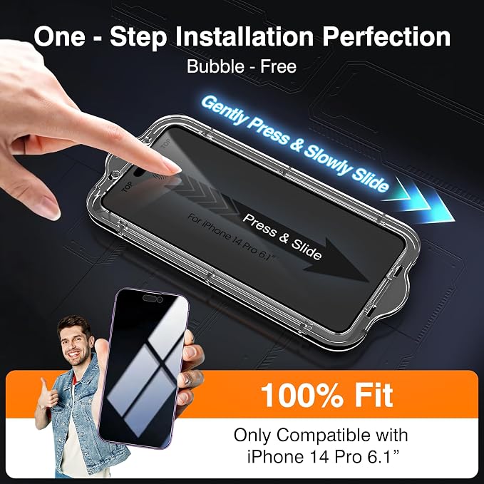 EZ-GLAZ-4+2 Pack for iPhone 14 Pro Privacy Screen Protector (6.1") | 2-Pack Lens Protectors, Alignment Kit, Easy Installation, 9H+ Tempered Glass, Scratch Resistant, 28° Privacy Protection - Image 2