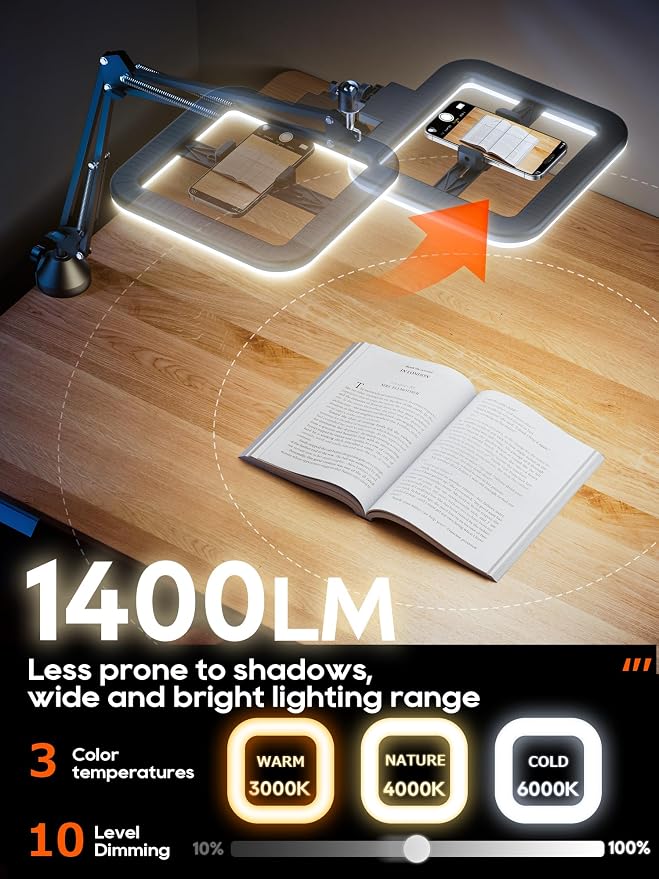 Upgrade Ring Light Overhead Phone Mount, LED Desk Ring Light with Clamp for Video Recording,Flexible Articulating Phone Arm Stand Compatible with iPhone,Live Streaming YouTube Tiktok - Image 3