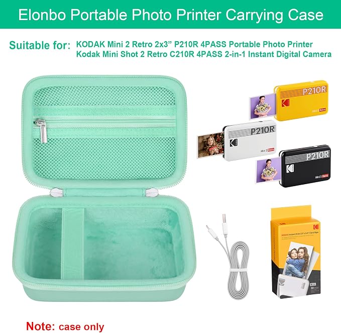 Elonbo Carrying Case for KODAK Mini 2 Retro 2x3 Portable Photo Printer | Bluetooth Smartphone Instant Color Printer Hard Travel Protective Bag, Mesh Pocket fits Cartridge Photo Paper Sheets, Green - Image 2