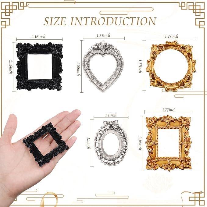 Vicenpal 10 Pcs Black, Gold, Silver Mini Vintage Picture Frames Bulk | Small Vintage Photo Frames, Antique, Resin, Baroque, Ornate, Cute Wallet Size, for DIY Jewelry Gifts Christmas Wedding Decor - Image 3