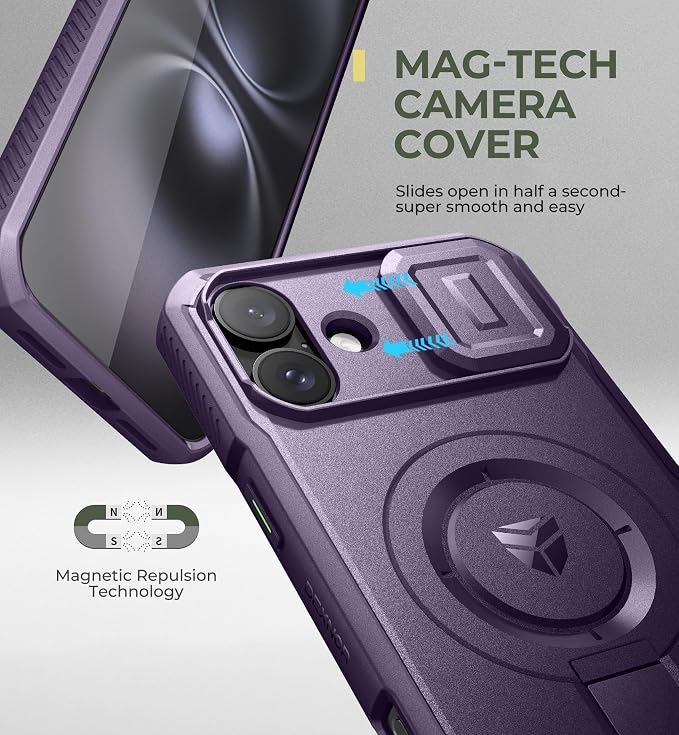 Dexnor for iPhone 16 Plus Case with Slide Camera Cover & Adjustable Kickstand, Magnetic Rugged Shockproof Bumper Cases Heavy-Duty Mangetic Protective Cover,Phantom Purple - Image 3