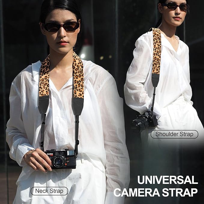 Padwa Lifestyle Leopard Velvet Camera Strap - 2" Double Layer Full Grain Cowhide Leather Head Camera Straps for Photographers,Unique Soft Velvet Fabric with Quick Release fits all Cameras - Image 2