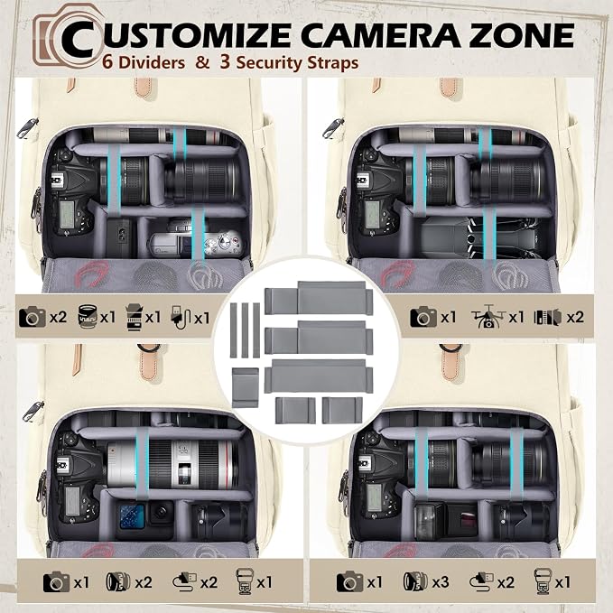 RAINSMORE Camera Backpack, DSLR SLR Mirrorless Camera Bag for Photographer | 15.6 Inch Vintage Canvas Camera Case with Laptop Compartment & Tripod Holder & Rain Cover for Sony Canon Nikon Fujifilm Beige - Image 3