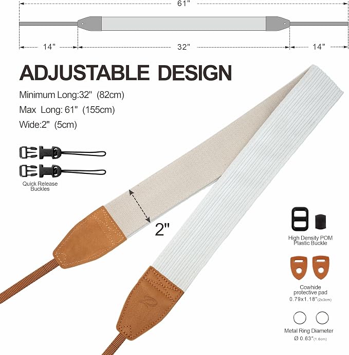 Padwa Lifestyle Corduroy Camera Strap - 2" Double Layer Full Grain Cowhide Leather Head Camera Straps for Photographers, Unique Soft Corduroy Fabric with Quick Release fits all Cameras(White) - Image 7