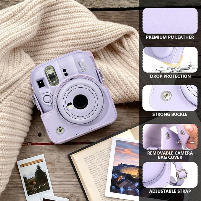 CAIYOULE Camera Case for Fujifilm Instax Mini 13 Instant Camera, Purple | Mini 13 Protective Camera Case, PU Leather Camera Bag for Fuji Instax Mini 13, with Photo Album, Adjustable Shoulder Strap - Image 2