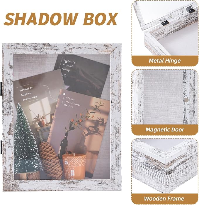 Muzilife 8x10 Shadow Box Picture Frame, 2.16 Deep, Real Glass, Rustic White | FSC-Wood, Magnetic Door, Linen Interior & Pins, Vertical, Horizontal Wall Hanging, Display Case Frame for Photos & Keepsakes - Image 4