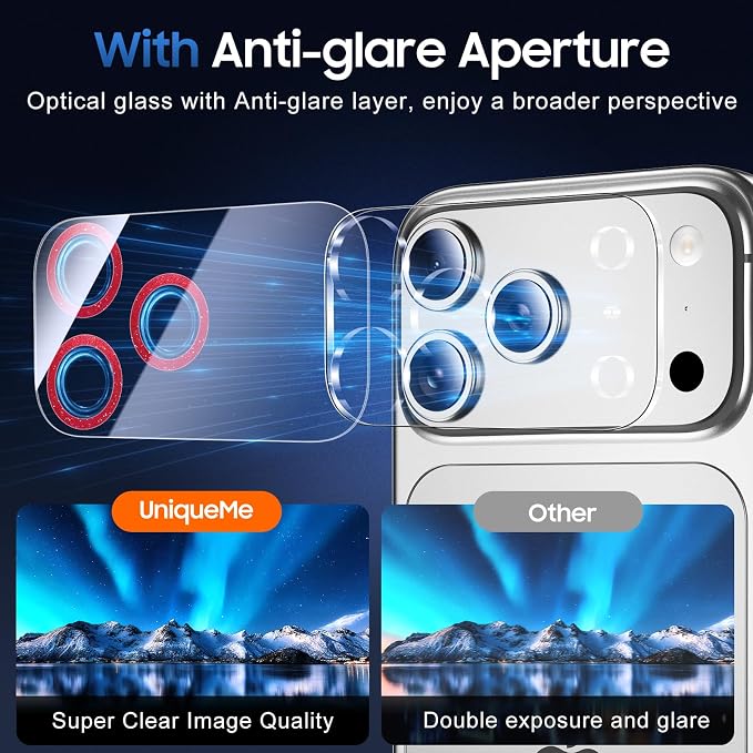 UniqueMe for 3 Pack iPhone 17 Pro Max Camera Lens Protector - Glitter Red | Drop Protection, Case Friendly, 9H Tempered Glass, Camera Cover Screen, Update New Version - Image 4