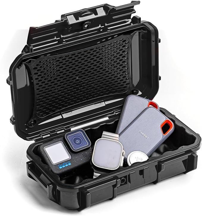 Evergreen Dry Box Tech Organizer – For Camera, Cables, Hard Drives, Memory Cards, Keys, Compatible with GoPro, Airtags (Medium, Rubber Boot, Black) by EvergreenCases