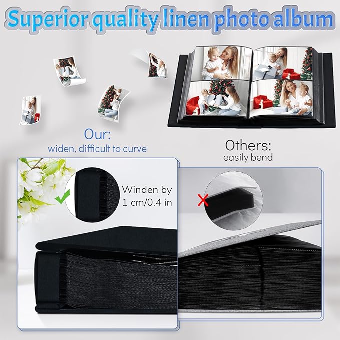 Popotop 4x6 Photo Album 200 Pictures, Linen Hardcover, Reinforced Spine | Compact 200-Photo Capacity, Acid-Free PP Slip-In Pockets, 2 Photos per Page, Black Inner Pages, No Memo Space - Image 4
