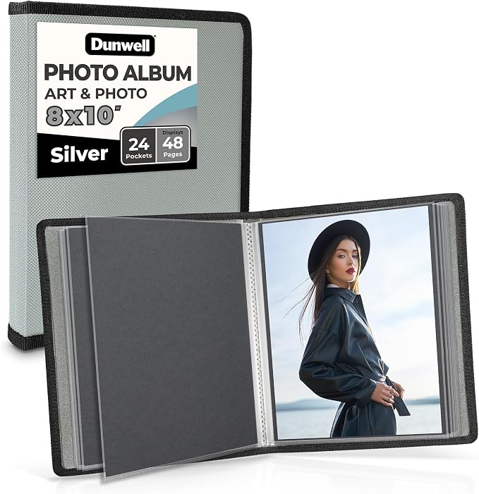 Dunwell 8x10 Photo Album & Art Portfolio Book, 24 Sleeves, Silver | Displays 48 Pages, 24 Clear Sleeves, Black Mounting Paper, Organizer for 8x10 Photos by Dunwell