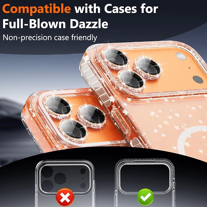 YWXTW [All-Over Glitter] Camera Lens Protector for iPhone 17 Pro Max/17 Pro/16 Pro Max/16 Pro/15 Pro Max/15 Pro/14 Pro/Max, 9H Tempered Glass Camera Cover, Anti-Scratch Case Friendly (Cosmic Orange) - Image 5