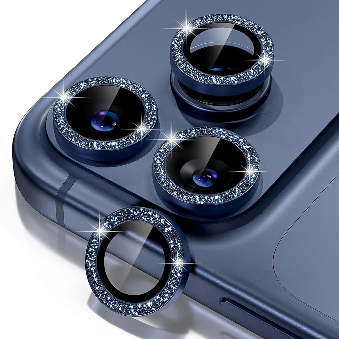 Misea Compatible for iPhone 17 Pro/iPhone 17 Pro Max Camera Lens Protector | 9H Tempered Glass Ultra HD Bling Camera Screen Protector Cover Metal Individual Ring Accessories, Deep Blue Glitter by Misea