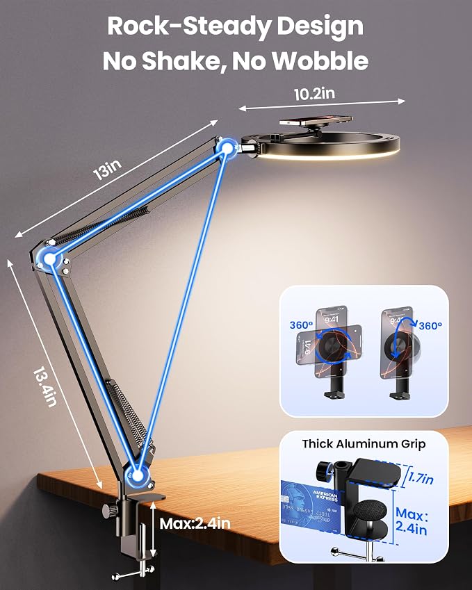 Magnetic Ring Light Overhead Camera Phone Mount for Desk, 10” Selfie Light for iPhone with MagSafe-Compatible Phone Holder for Video Recording, Zoom Meeting, Live Streaming - Image 4