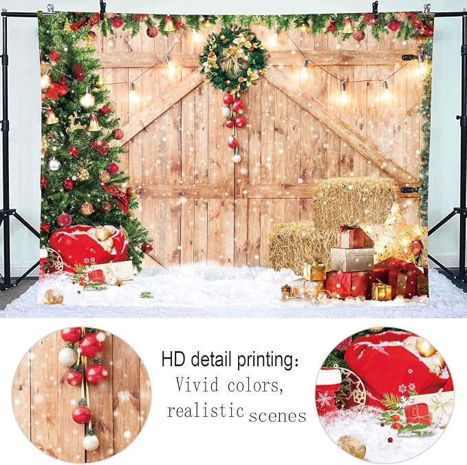 Christmas Backdrop Soft Fabric Rustic Barn Wood Door Backdrop for Photography Xmas Tree Snow Wall Floor Party Photo Background Family Banner Decorations Studio Prop Pictures(12x8ft) - Image 2