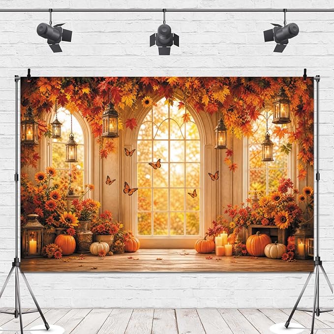 Fall Butterfly Floral Backdrop for Photography 12x8ft Autumn Window Pumpkin Maple Flowers Backdrop Thanksgiving Theme Background Birthday Party Decorations Photo Booth Props Vinyl - Image 4