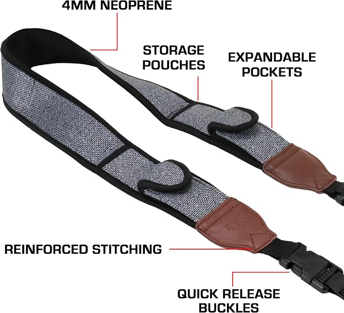 USA Gear TrueSHOT Camera Strap Neoprene Camera Straps - Padded Neck Strap, Pockets, and Release Buckles - Compatible with Canon, Nikon, Sony and More DSLR and Mirrorless Cameras (Grey Woven Pattern) - Image 3