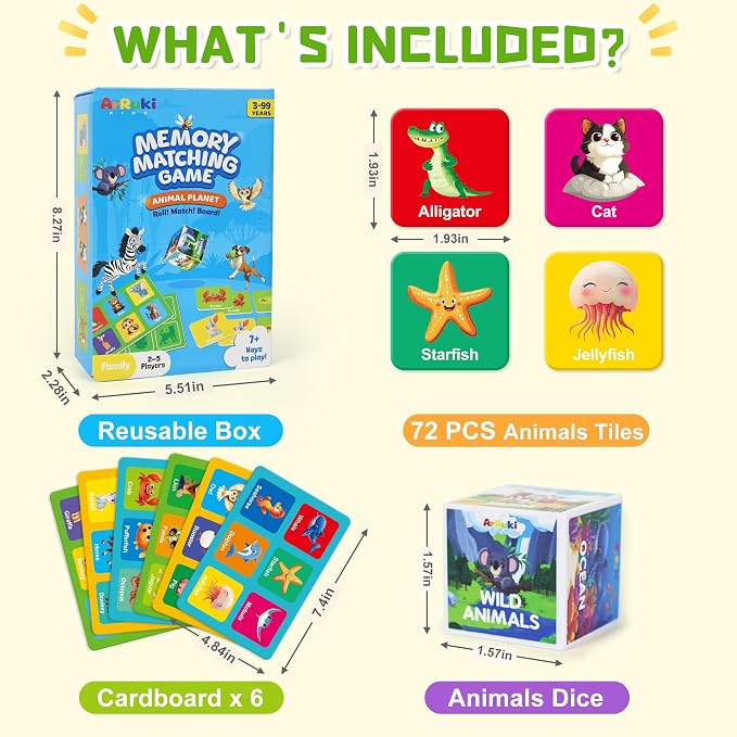 72 PCS Memory Matching Game with Dice | Animal Memory Board Game | Vegetable Link Print---comes with Storage Case, Memory Cards Concentration Game for Ages 3 and Up - Image 9