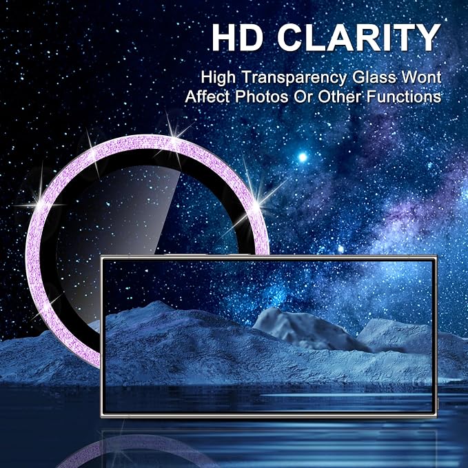 for Samsung Galaxy S24 Ultra Camera Lens Protector, Individual Metal Ring Tempered Glass Lens Cover, [Strong Adsorption] Scratch Resistant Ultra-Thin HD Clear Lens Cover, 2 Set-Purple Sparkly - Image 4