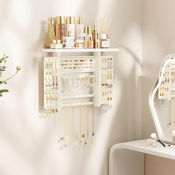 Emfogo Jewelry Organizer Hanging Wall Mounted Jewelry Holder, 5-in-1 Large Capacity Necklace Organizer Wall Hanging Jewelry Display for Ring, Necklaces, Bracelets, Earrings (White) - Image 7