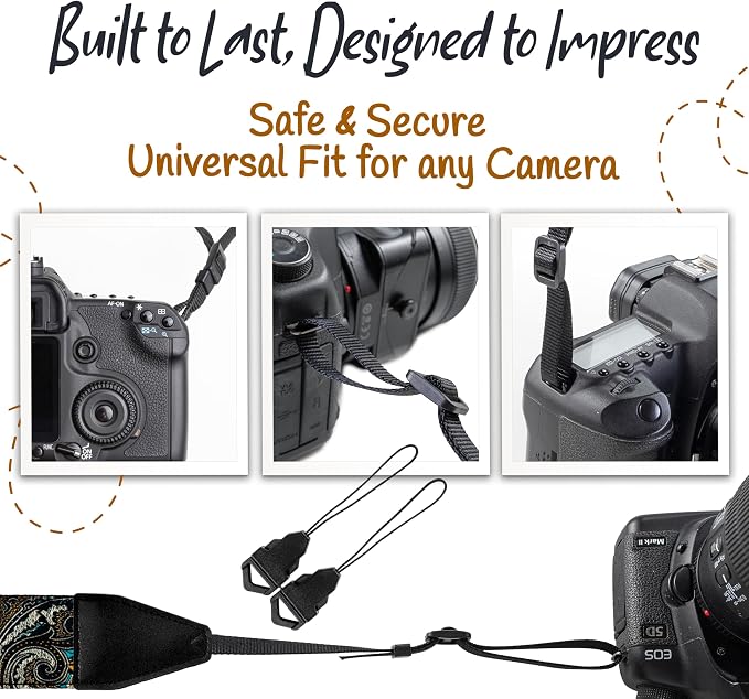 Art Tribute Camera Strap - Shoulder, Crossbody & Neck Camera Strap for Photographers, Fits All Cameras, Canon Nikon Sony Fujifilm, Padded Strap W/Quick Release, Embroidered Cotton & Leather Ends - Image 7