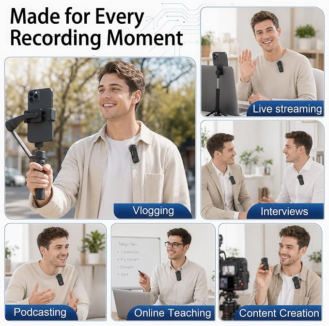 2 Mini Wireless Microphones for iPhone/Android, AI Noise Reduction | Plug & Play, 20H Battery with Charging Case, Portable Clip-On Lavalier Mic for Content Creators, Podcast, Streaming, Vlogging - Image 7