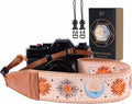 Padwa Lifestyle Tan Sun God Camera Strap - 2" Full Grain Leather Ends Camera Straps for Photographers, Vintage Embroidered Cotton Soft Suede Fabric Padded Strap Quick Release fits All Cameras by PadwaLifestyleCameraStrap