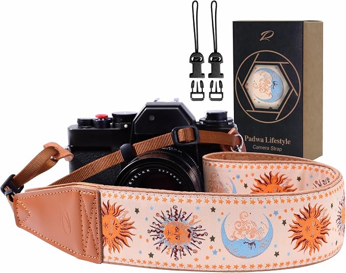 Padwa Lifestyle Tan Sun God Camera Strap - 2" Full Grain Leather Ends Camera Straps for Photographers, Vintage Embroidered Cotton Soft Suede Fabric Padded Strap Quick Release fits All Cameras by PadwaLifestyleCameraStrap