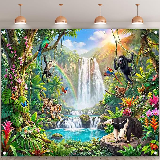 Fabric 10X8ft Rainforest Wild Animals Backdrop Jungle Safari Banner | Summer Tropical Scenery Waterfall Photography Background, School Event Party Decorations, Classroom Photo Props, Polyester - Image 2