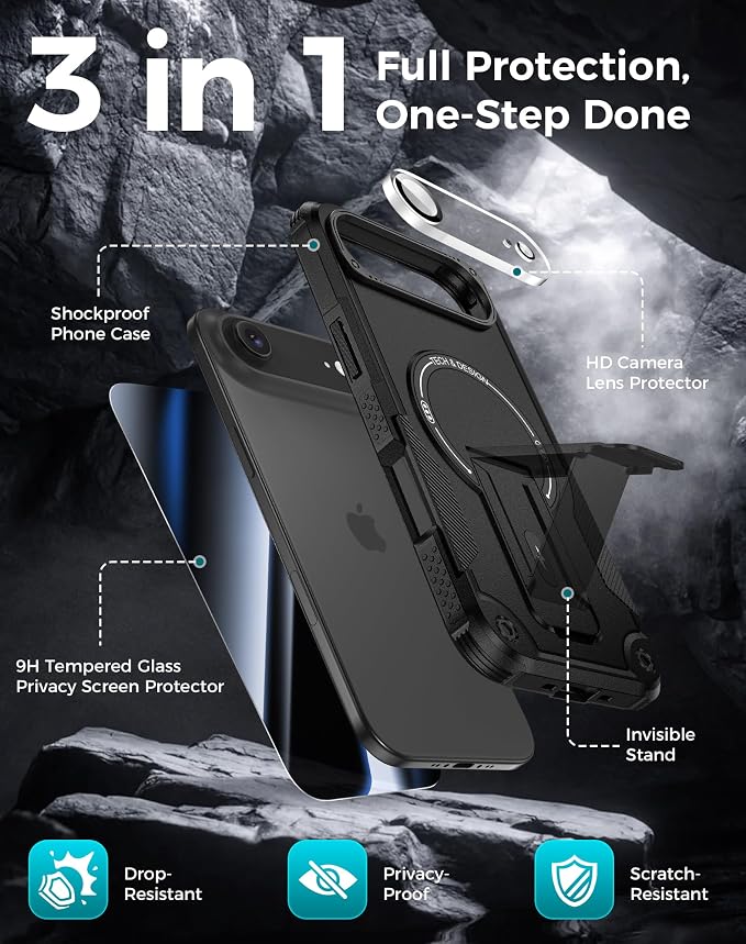 Goton 3 in 1 for iPhone Air Case with Privacy Screen Protector Black | Glass Camera Lens Protector,Compatible for MagSafe,Invisible Kickstand, Shockproof Phone Cover for iPhone 17air - Image 3