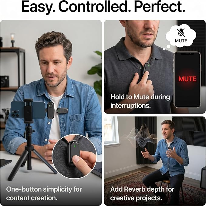 Wireless Mini Microphone for iPhone Android,Mini Mic for Video Recording,Plug & Play Lapel Professional Mic with Noise Reduction, Mute, and Reverb for YouTube TikTok Vlog Podcast - Image 3