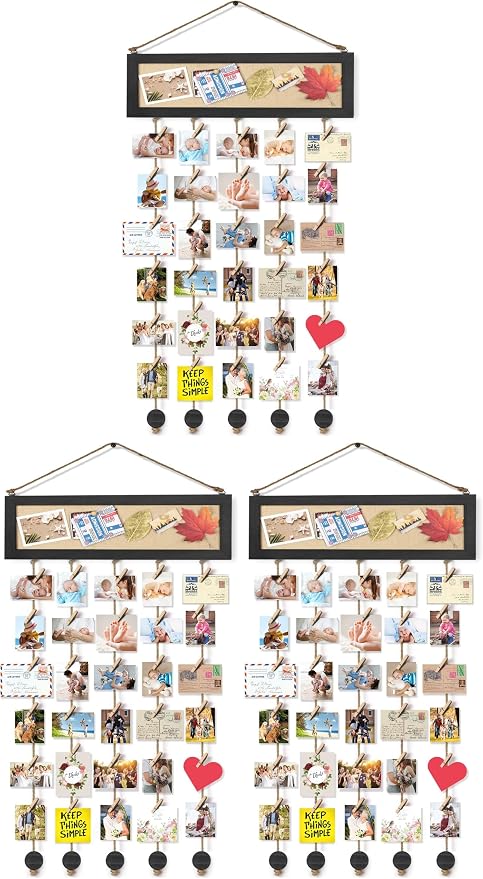 Bikoney Picture Frames Collage Wall Decor Hanging Photo Display Multi Pictures Organizer with Wood Bulletin Board Photo Board 30 Clips and 6 Pushpins for Home and Dorm Room Decor (Black) (Pack of 3) by Bikoney