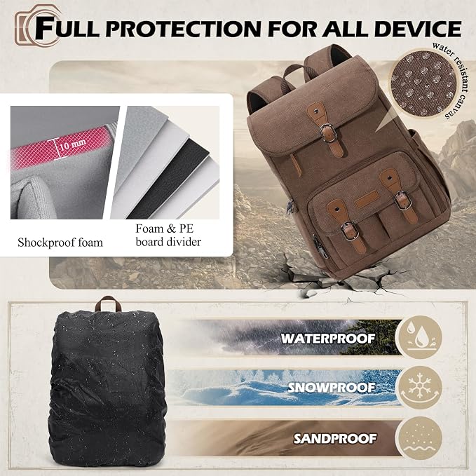 RAINSMORE Camera Backpack, DSLR SLR Mirrorless Camera Bag for Photographer | 15.6 Inch Vintage Canvas Camera Case with Laptop Compartment & Tripod Holder &Rain Cover for Sony Canon Nikon Fujifilm Coffee - Image 7