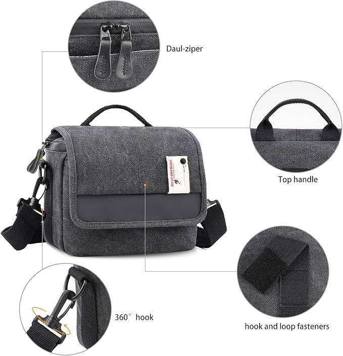 Camera Bag Purse Small Messenger Shoulder Bag for Mirrorless DSLR Camera Waterproof Canvas Compact Photography Case, Black Gray - Image 3