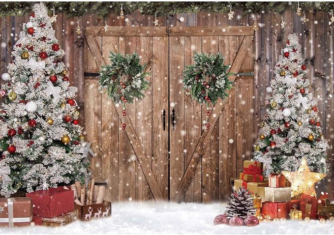 10x8FT Polyester Fabric Winter Christmas Rustic Barn Wood Door Photography Backdrop Xmas Tree Snow Background Banner for Family Holiday Party Decoration Supplies Photo Studio Props Pictures by Felortte