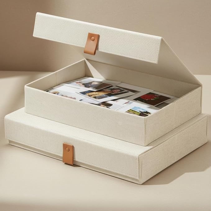 ZICOTO Decorative Photo Storage Boxes with Lids - Set of 2 Linen Organizers | Beautiful Boxes Safely Store Your Pictures, Documents, Scrapbooking Supplies, Keepsakes and Other Memories in Style - Image 9