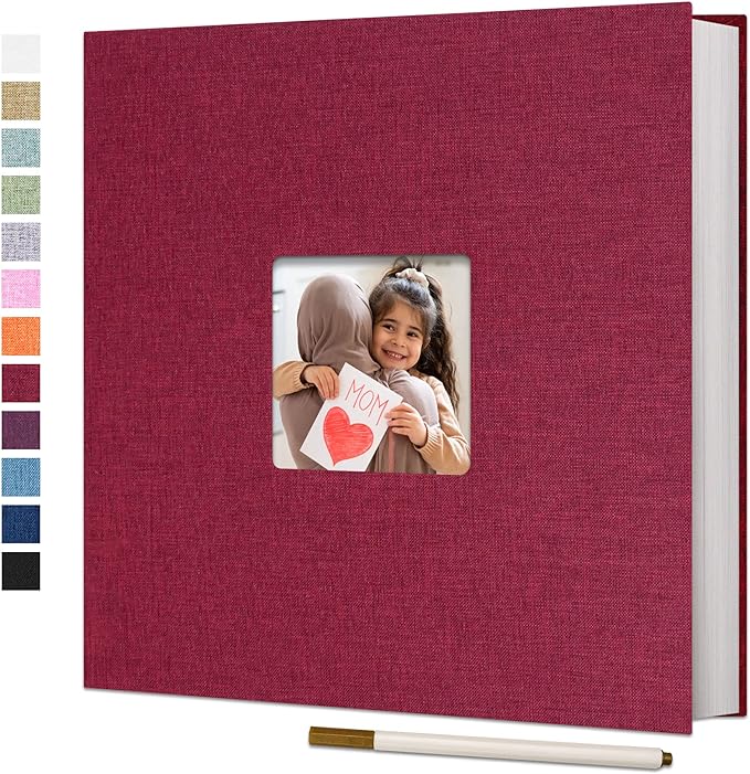 Vienrose Large Self Adhesive Photo Album with Window 13x12.6 60 Pages Red | Linen Cover, Scrapbook, Fits 4X6 8X10 10X12 Pictures, Metallic Pen, Diy by Vienrose