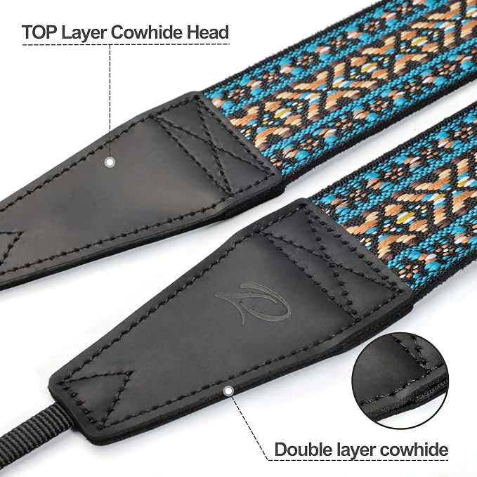 Padwa Lifestyle Boho Blue Camera Strap - 2" Full Grain Leather Ends Camera Straps for Photographers, Vintage Embroidered Cotton Weave Soft Suede Fabric Padded Strap Quick Release fits All Cameras - Image 2