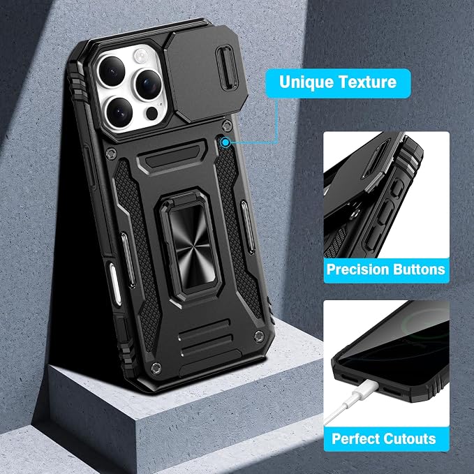 VEGO for iPhone 16 Pro Max Case with Privacy Screen Protector Black | Slide Camera Cover & Ring Kickstand Military Grade Heavy Duty Protection Cover for iPhone 16 ProMax 5G 6.9 Inch - Black - Image 7