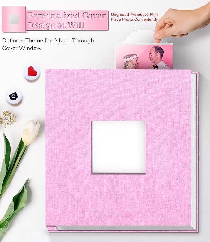 Artfeel Photo Album Self Adhesive Scrapbook Album for 3x5 4x6 5x7 8x10 Pictures,60 Pages Linen Cover with Display Window DIY Photo Book,Ideal Gifts for Family Travel Wedding Baby - Image 2