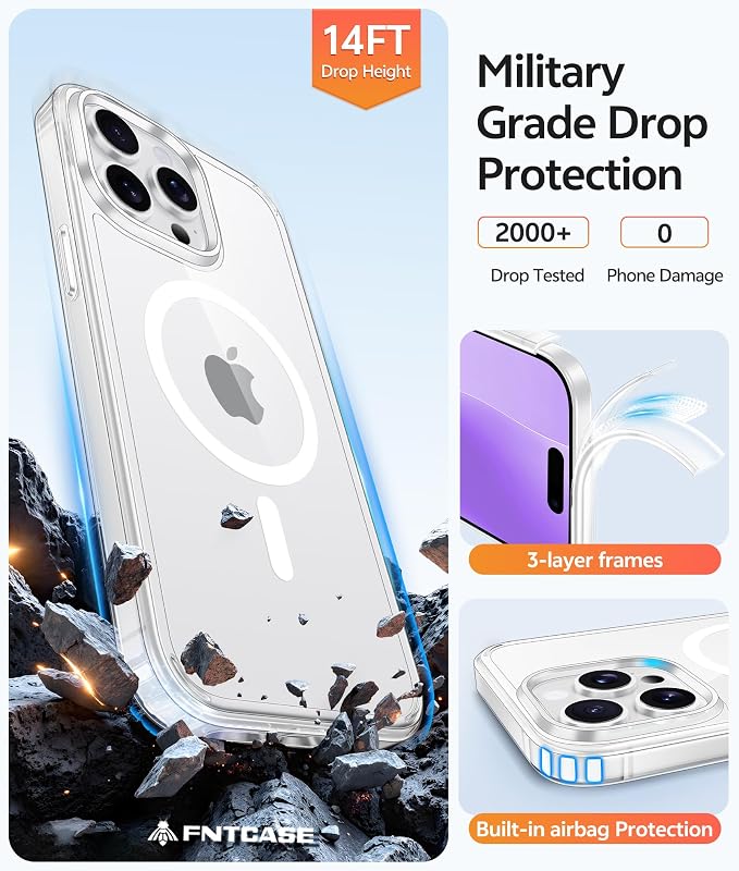FNTCASE for iPhone 14 Pro Max Case, Fit for Magsafe, Glass Screen Protector | Anti Yellowing, Magnetic Phone Cases, 14FT Military Grade Drop Protection, Slim Shockproof Protective Cover, Clear - Image 5