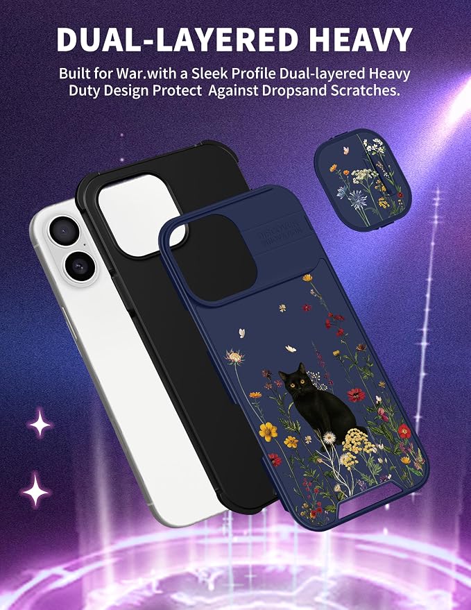 for iPhone 16 Plus Case - Women Cute Phone Cover Girly Pretty Fancy Unique Aesthetic Design Slide Camera Cover Protective Case for Apple for iPhone 16 Plus,Black Cat - Image 5