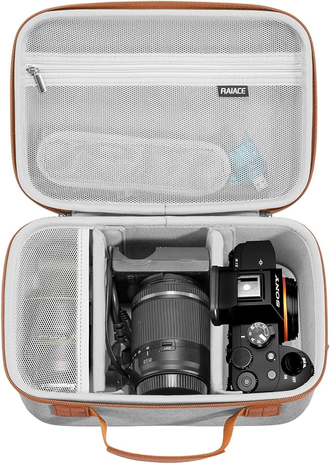 RAIACE Hard Case Compatible with Sony Alpha 7 II III IV/7R V Camera, for Nikon, for Canon, for Pentax and More. Large Capacity With Mesh Pocket for Lens, Charger, Cables, Cards and Accessories.-Gray by RAIACE