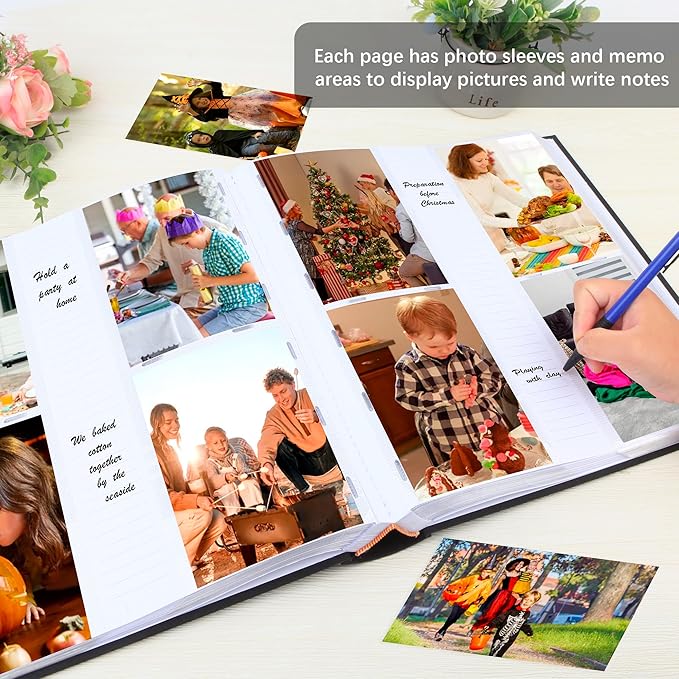 Photo Album 4x6 Vertical 600 Photos with Writing Space, Black | Linen Cover, Acid-Free Pages, Clear PP Pockets, Memo Writing Space, Front Display Window, Family, Wedding & Travel Memories - Image 4
