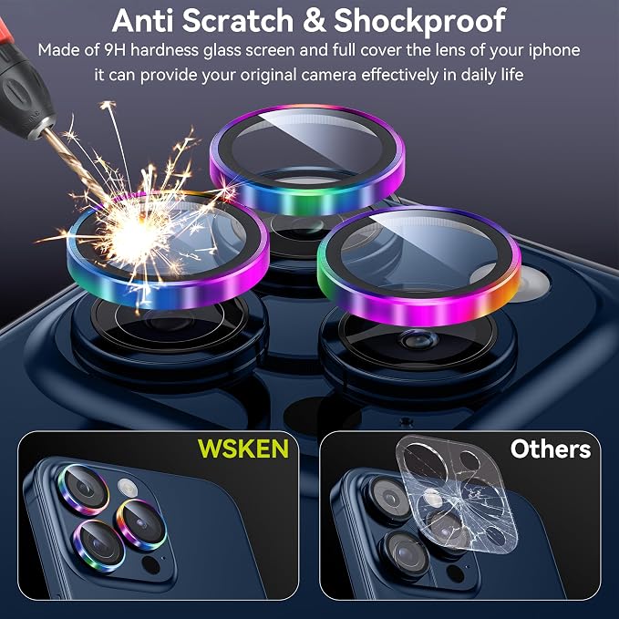 WSKEN for iPhone 15 Pro/iPhone 15 Pro Max Camera Lens Protector,[Keep Original Shooting] Shatterproof 9H Tempered Glass Camera Screen Protector Metal Ring Cover Film Accessories,Colorful - Image 3