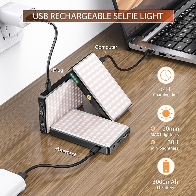 120 LED Video Light, Portable USB Photo Light Dimmable 2500-9000K CRI 95+ 5000mAh Battery with Tripod with Colored Filters and Clip, Photo Lamp for Phone/iPad/Camera - Image 8