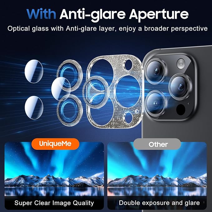 UniqueMe for iPhone 15 Pro/15 Pro Max Camera Lens Protector-Glitter Black | 3 Pack-Drop Protection, Case Friendly, Camera Cover Screen, Update New Version - Image 4