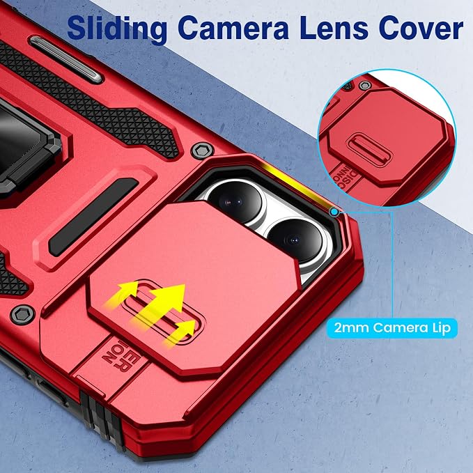 VEGO for iPhone 16 Pro Case with Camera Cover & Privacy Screen Protector | Tempered Glass Screen Protector & Ring Kickstand Military Grade Heavy Duty Protection Cover for iPhone 16 Pro - Red - Image 5