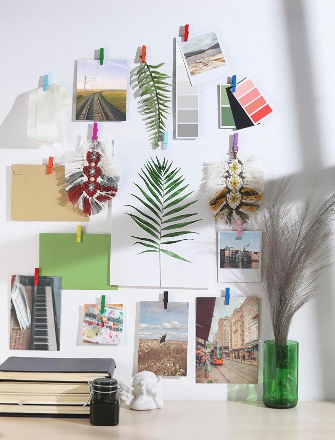 20 Pack Mini Self Adhesive Clips for Pictures - Mixed Colors Wood Clip Photo Holders for Wall, Poster Hanger, Photo Cards Hanging Display Board & Picture Boards, Artwork Photos Holders Card Room Decor - Image 2